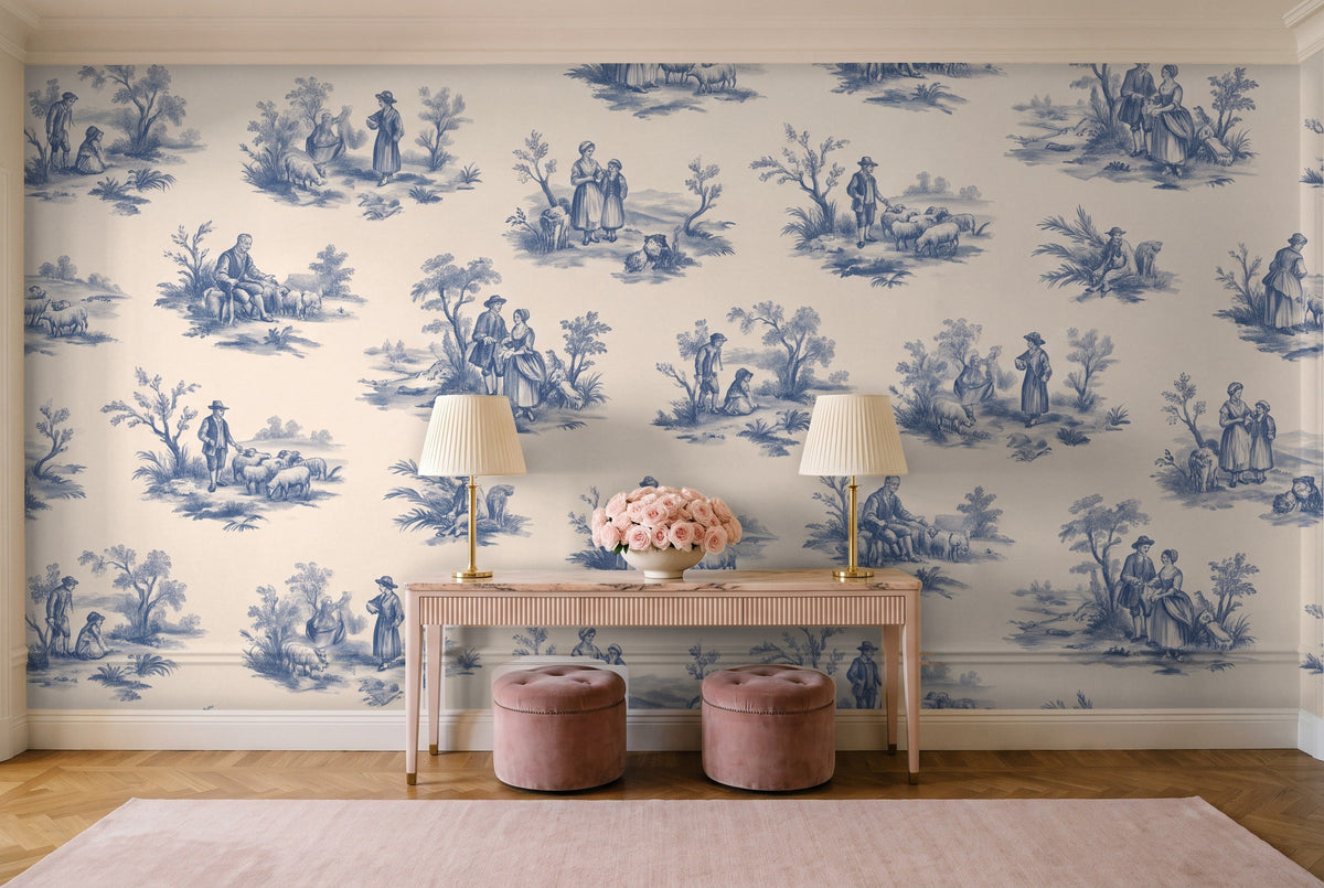 Blue And White Toile Mural in an entryway