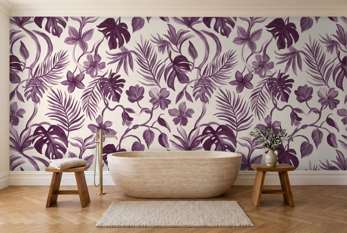 Purple Jungle Tropical Mural in a bathroom