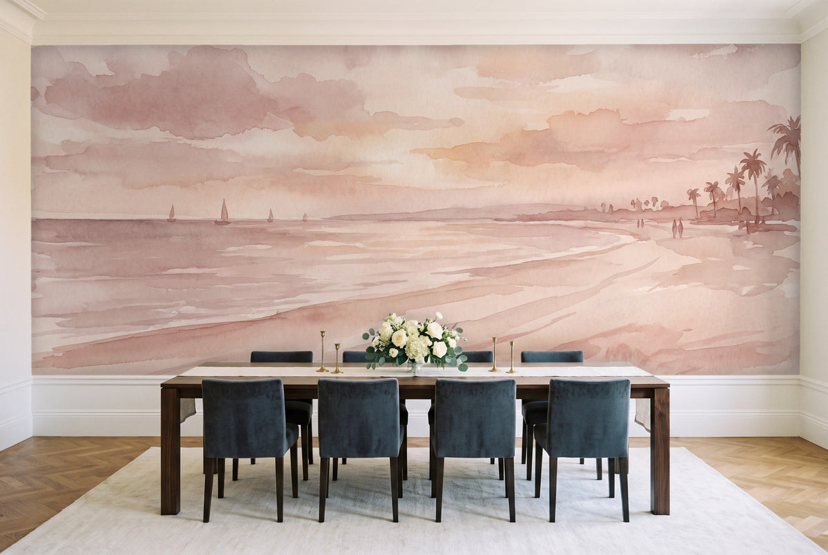 Blush Beach Sunset Landscape Mural in a dining room