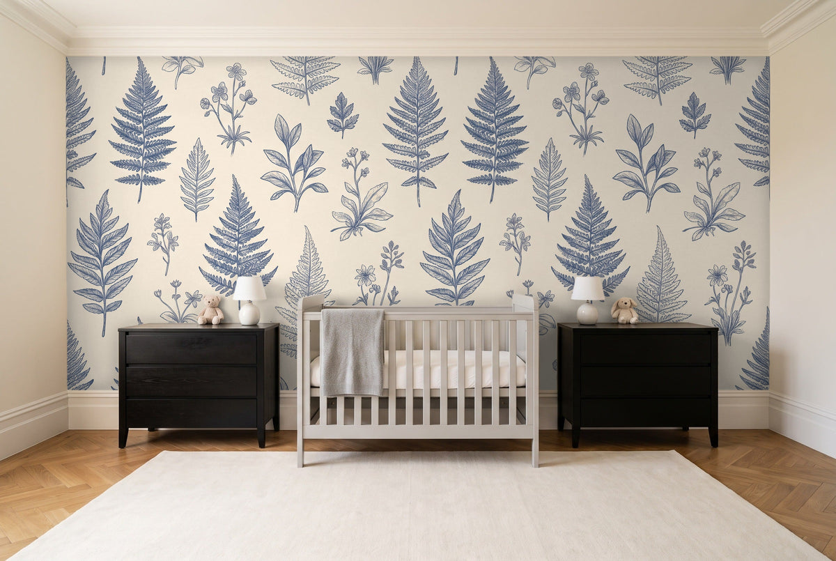 Blue And White Fern Botanical Mural in a nursery
