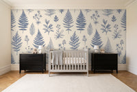 Blue And White Fern Botanical Mural in a nursery