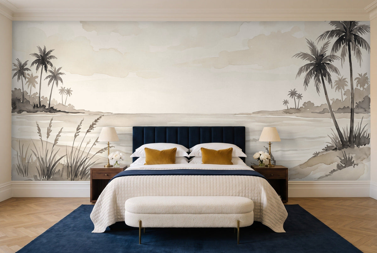 Cream Beach Landscape Mural in a bedroom