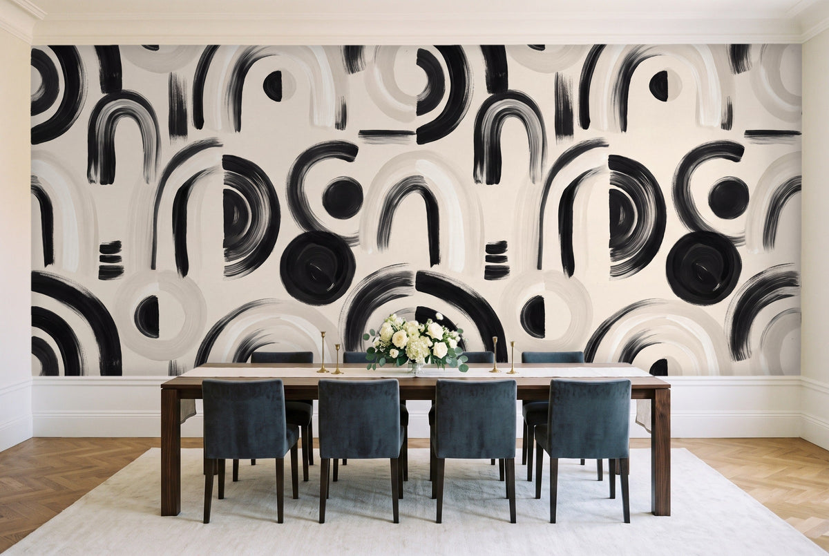 Black And White Arch Geometric Mural in a dining room