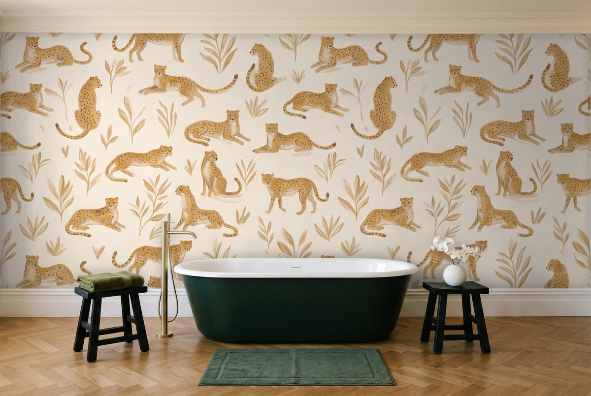Ochre Cheetah Animal Mural in a bathroom
