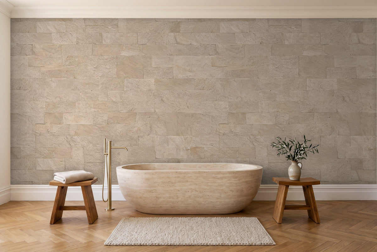 Beige Stone Mural in a bathroom