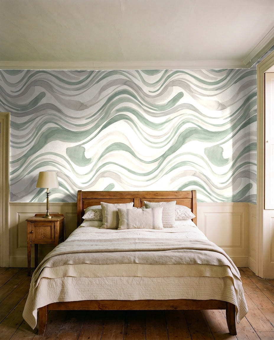 Sage Wave Abstract Mural in an interior