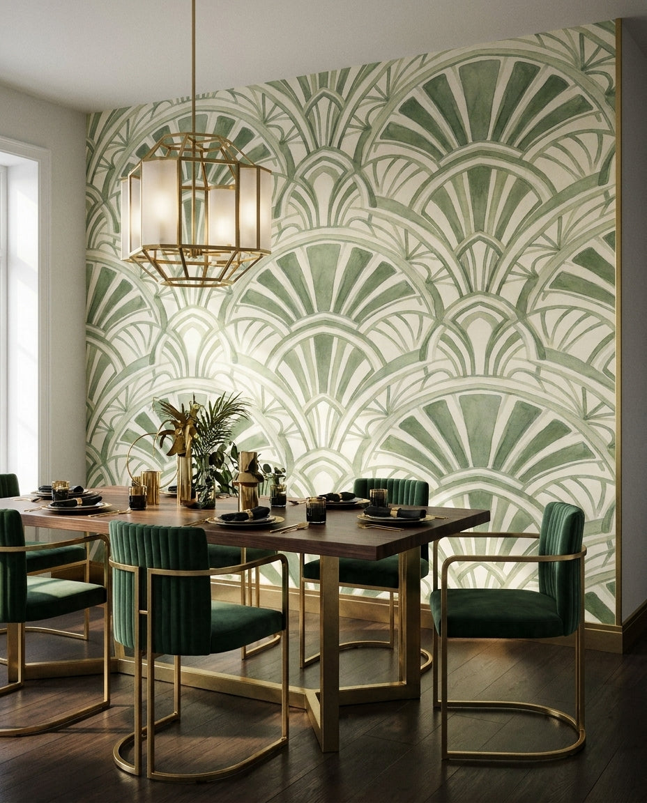 Green Art-deco Art-deco Mural on a feature wall