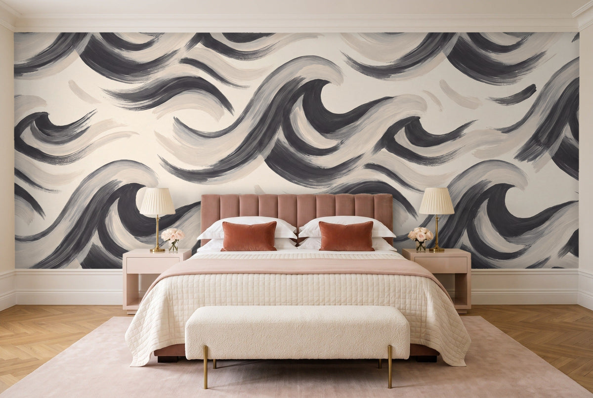 Black And White Wave Abstract Mural in a bedroom