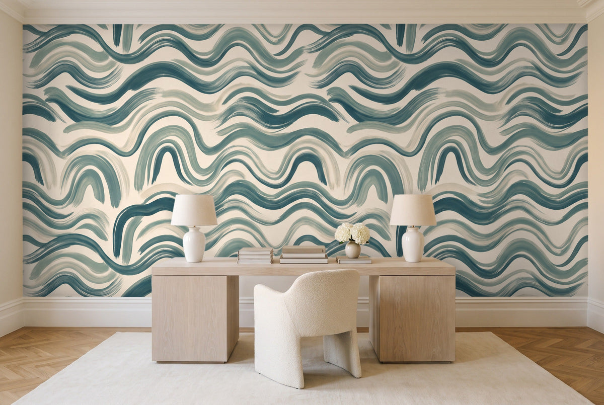 Teal Wave Abstract Mural in a home office