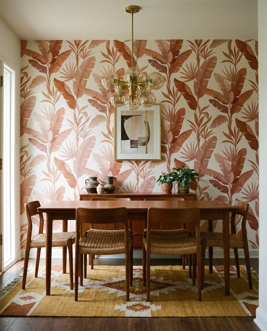 Pink Banana-leaf Tropical Mural in an interior