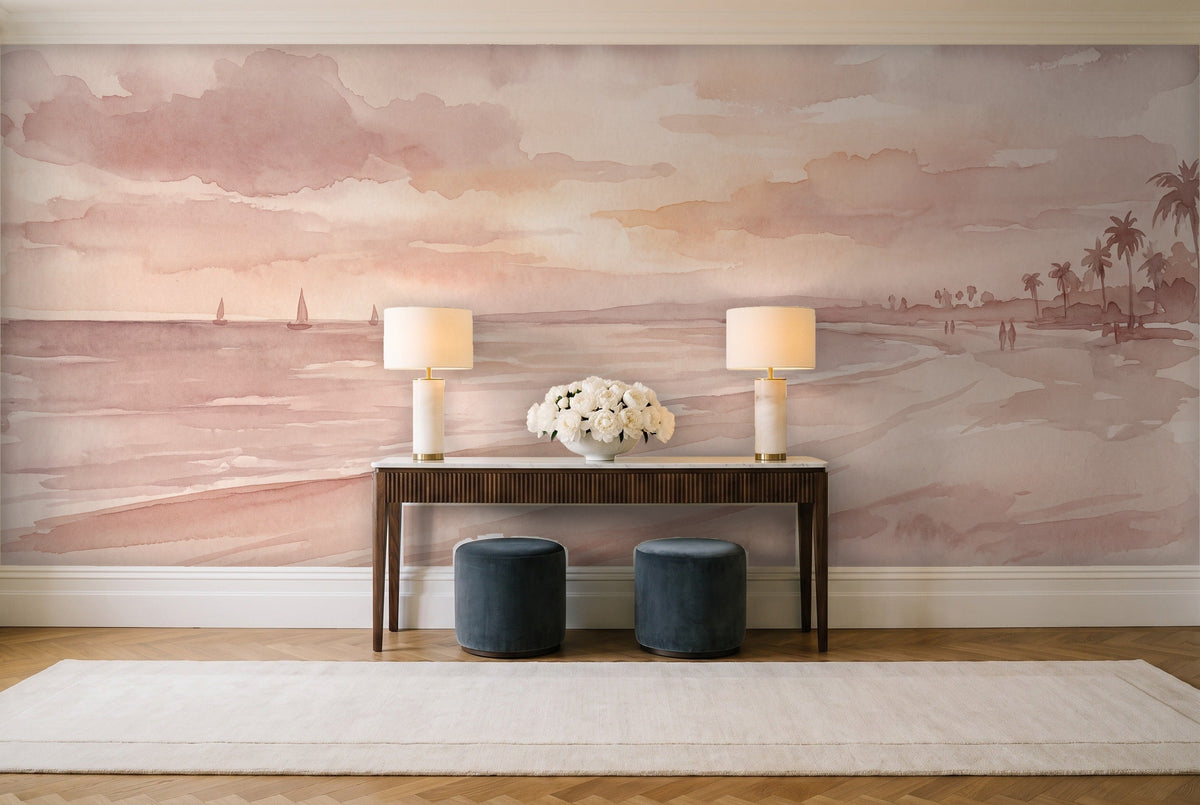 Blush Beach Sunset Landscape Mural in an entryway