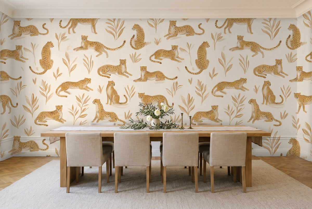 Ochre Cheetah Animal Mural in a dining room