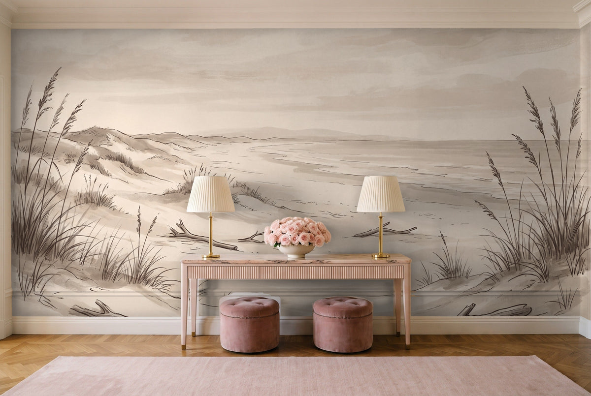Beige Beach Landscape Mural in an entryway