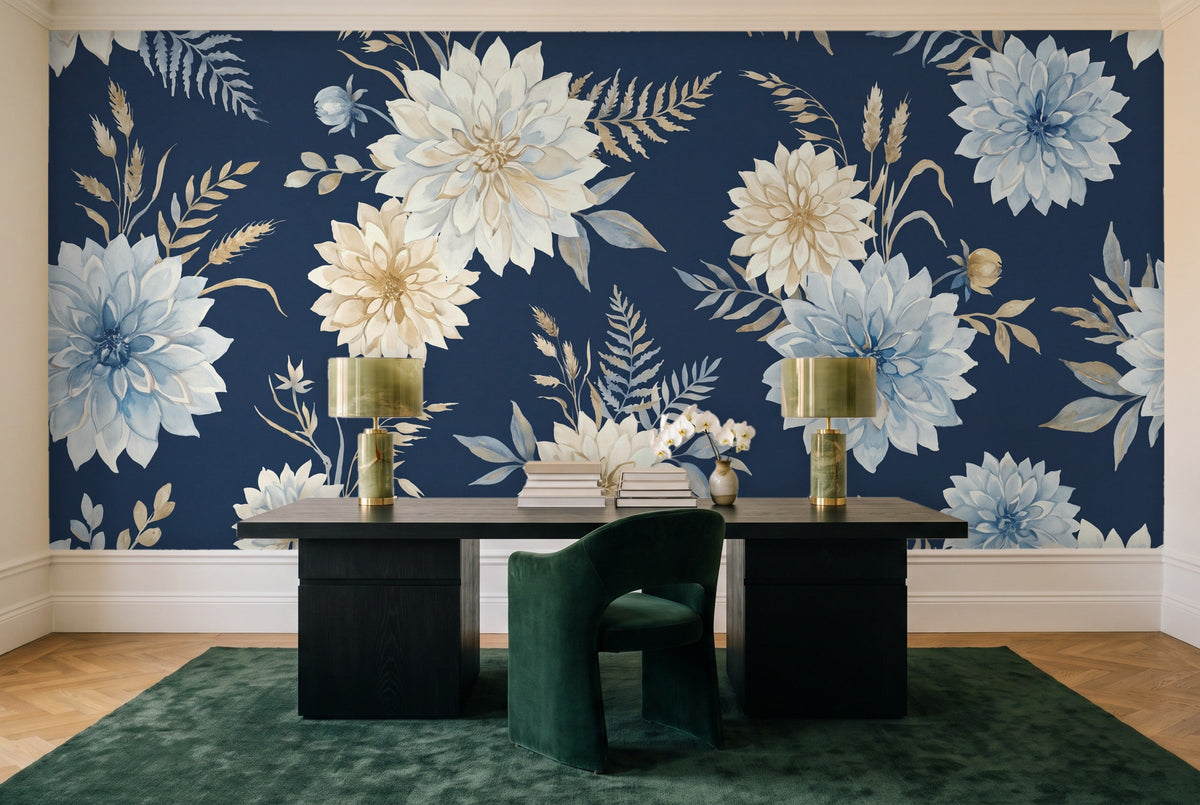 Navy Dahlia Floral Mural in a home office