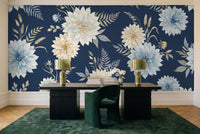 Navy Dahlia Floral Mural in a home office