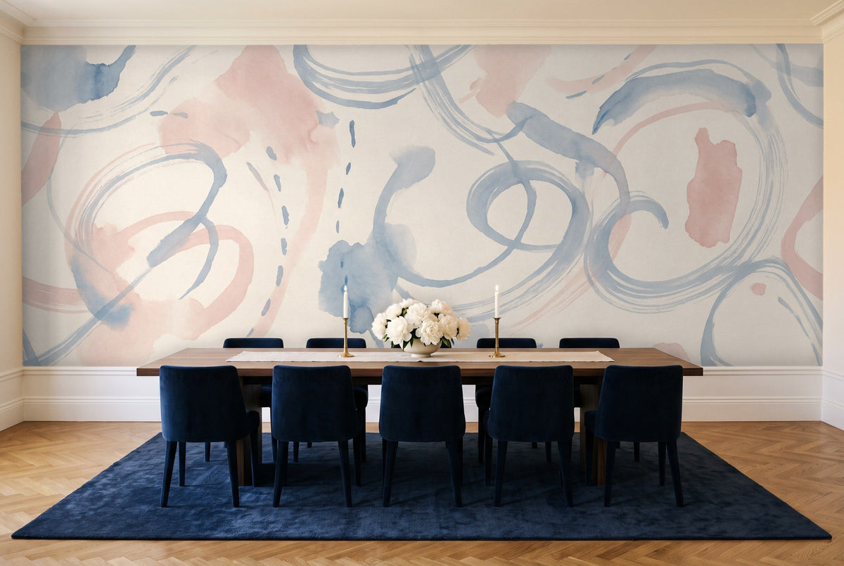 Blue And Pink Brushstroke Abstract Mural in a dining room