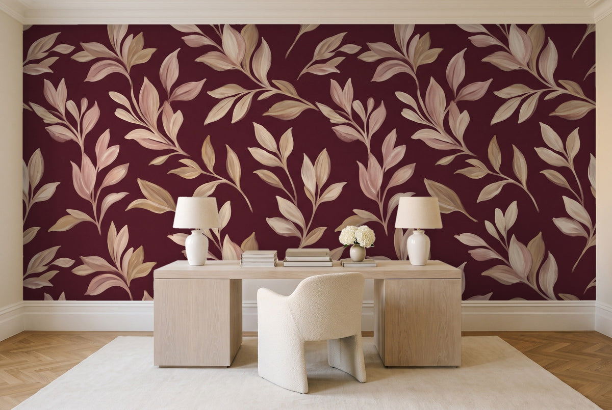 Burgundy Leaf Botanical Mural in a home office