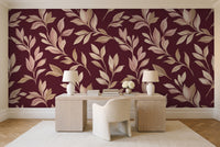 Burgundy Leaf Botanical Mural in a home office