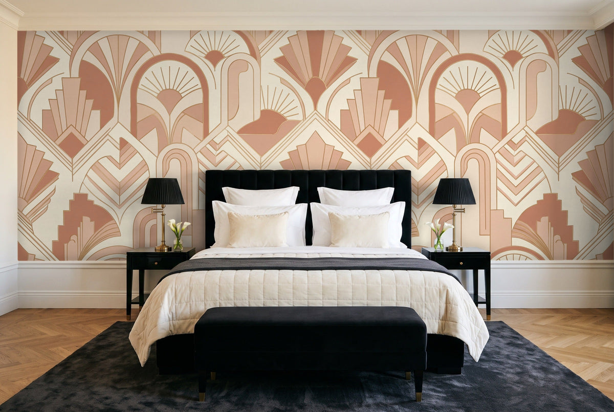 Blush Art Deco Mural in a bedroom