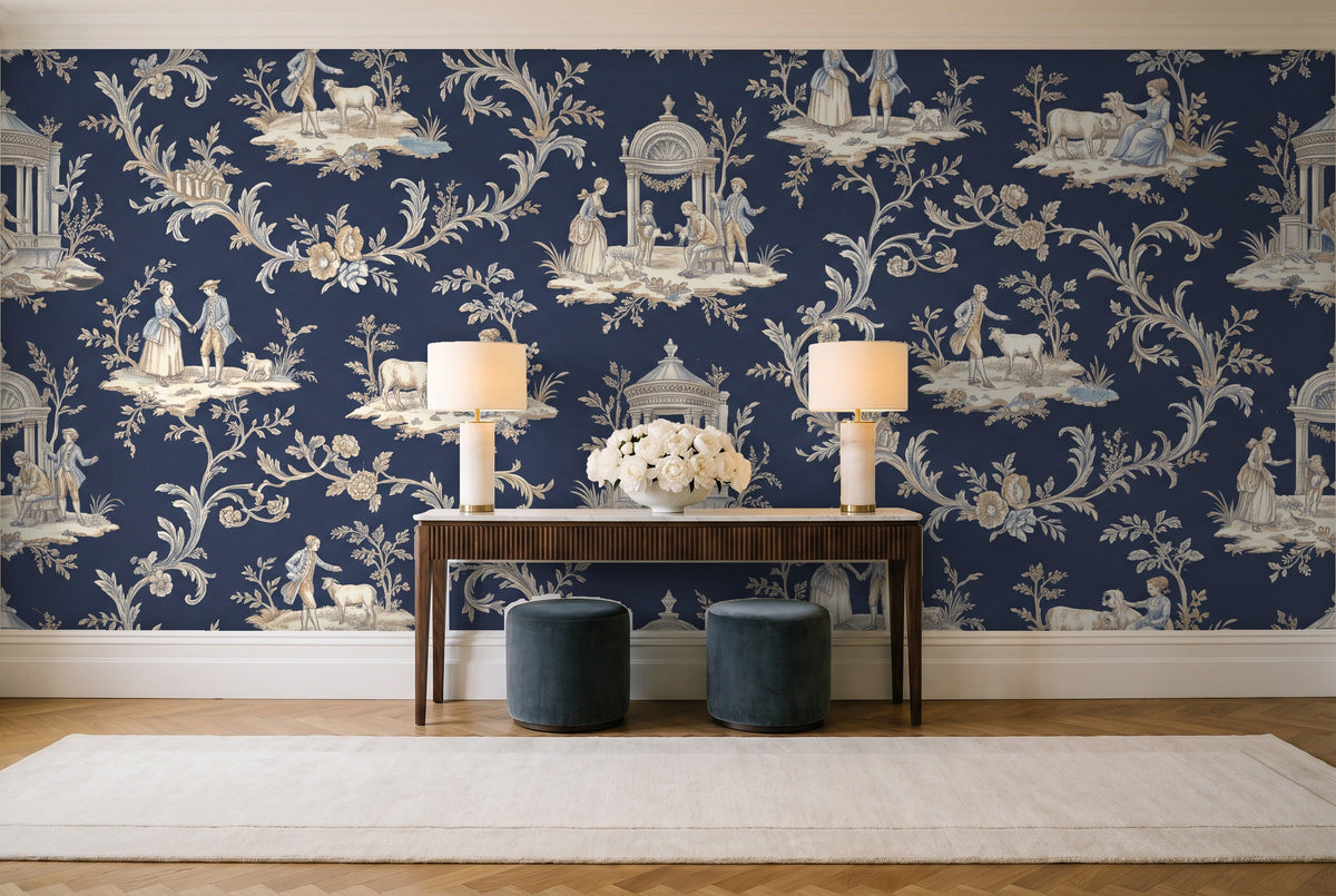 Navy Toile Mural in an entryway