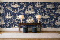 Navy Toile Mural in an entryway