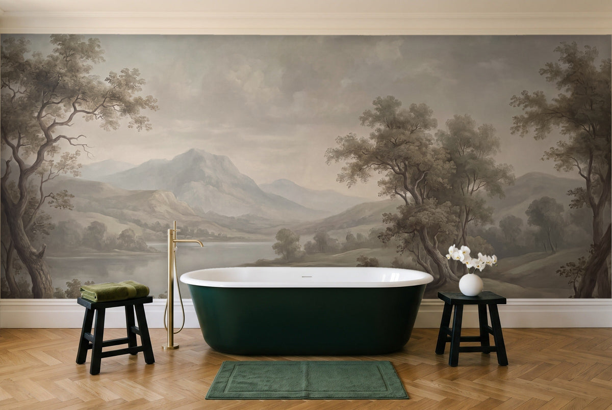 Sage Lake Landscape Mural in a bathroom