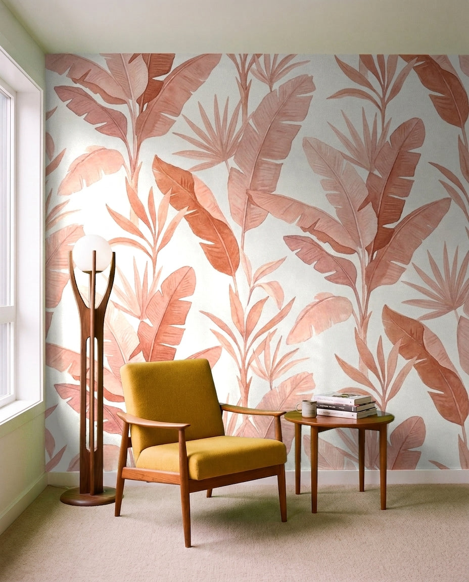 Pink Banana-leaf Tropical Mural on a feature wall