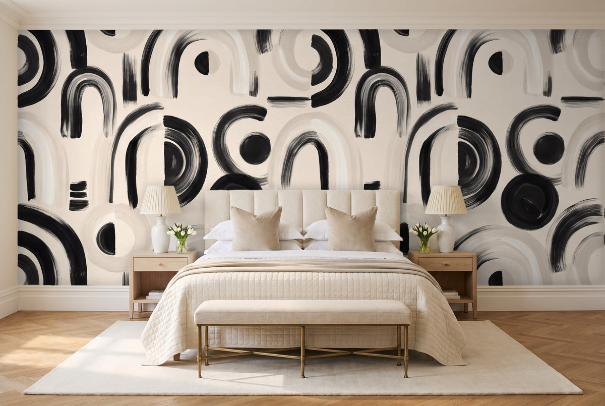 Black And White Arch Geometric Mural in a bedroom
