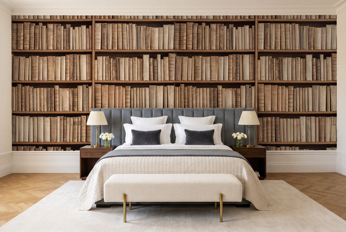 Beige Bookshelf Library Mural in a bedroom
