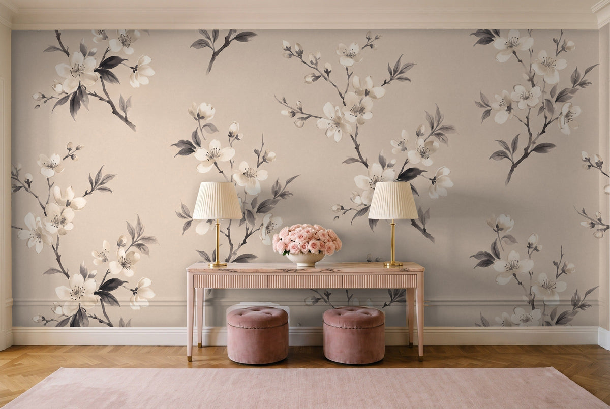Cream Cherry Blossom Floral Mural in an entryway