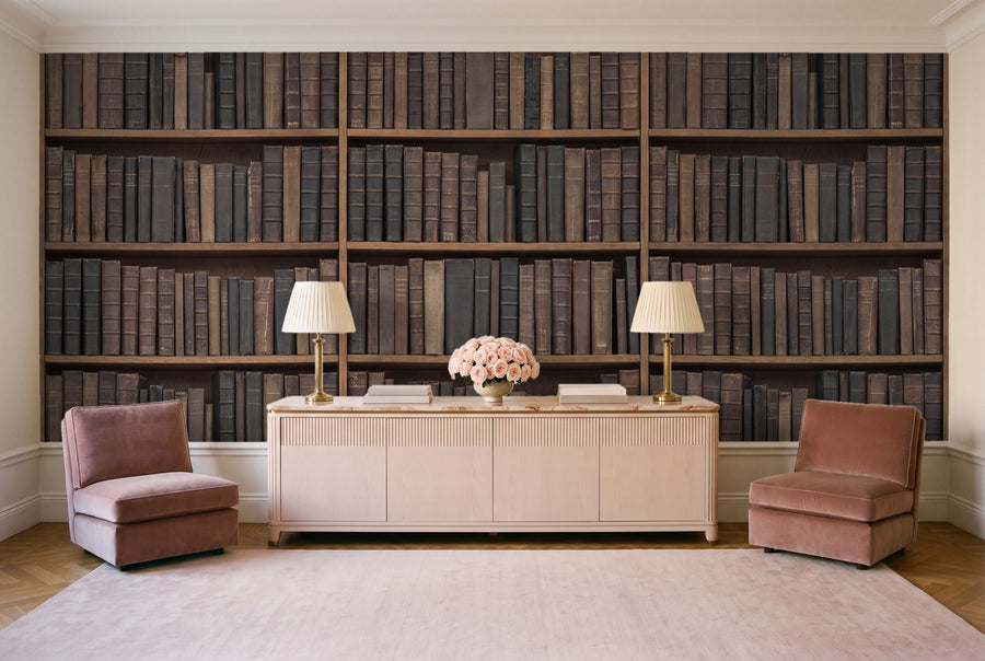 Charcoal Bookshelf Library Mural on a wall