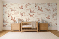 Blush Crane Animal Mural in a nursery