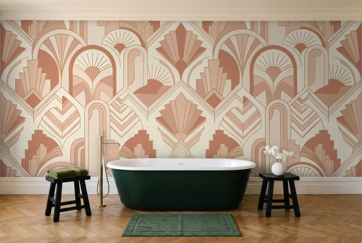 Blush Art Deco Mural in a bathroom