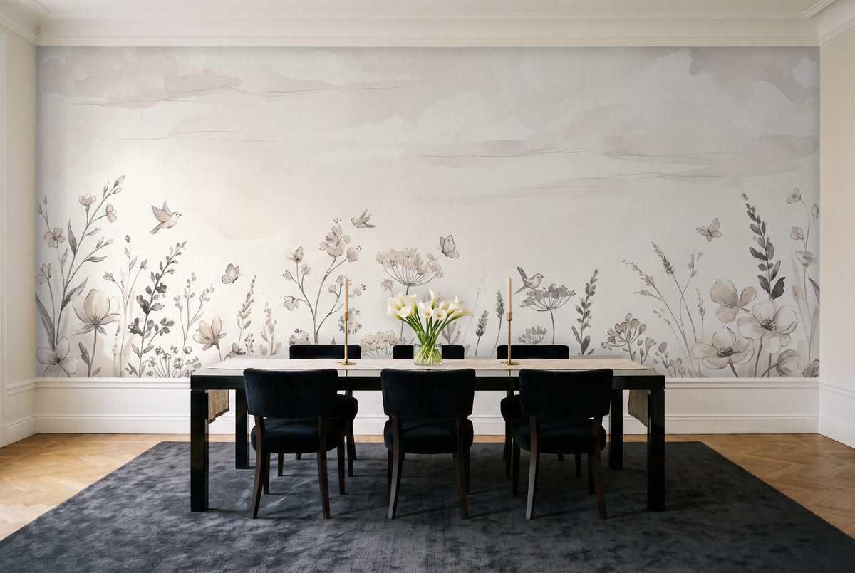 Cream Wildflower Meadow Floral Mural in a dining room