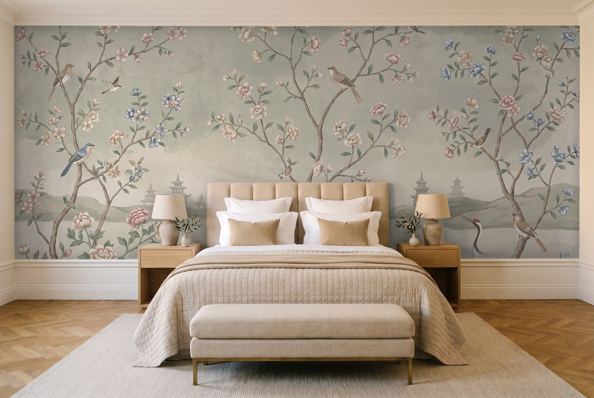 Sage Chinoiserie Garden Chinoiserie Mural in a bedroom