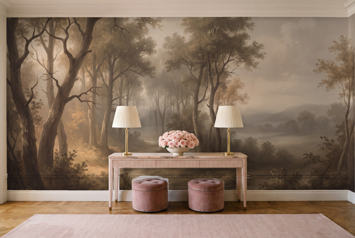 Beige Forest Landscape Mural in an entryway