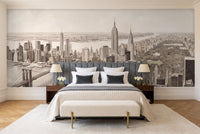 Beige New York Cityscape Mural in a bedroom