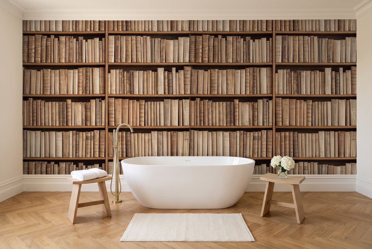 Beige Bookshelf Library Mural in a bathroom