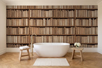 Beige Bookshelf Library Mural in a bathroom