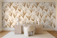 White And Gold Tulip Floral Mural in a home office