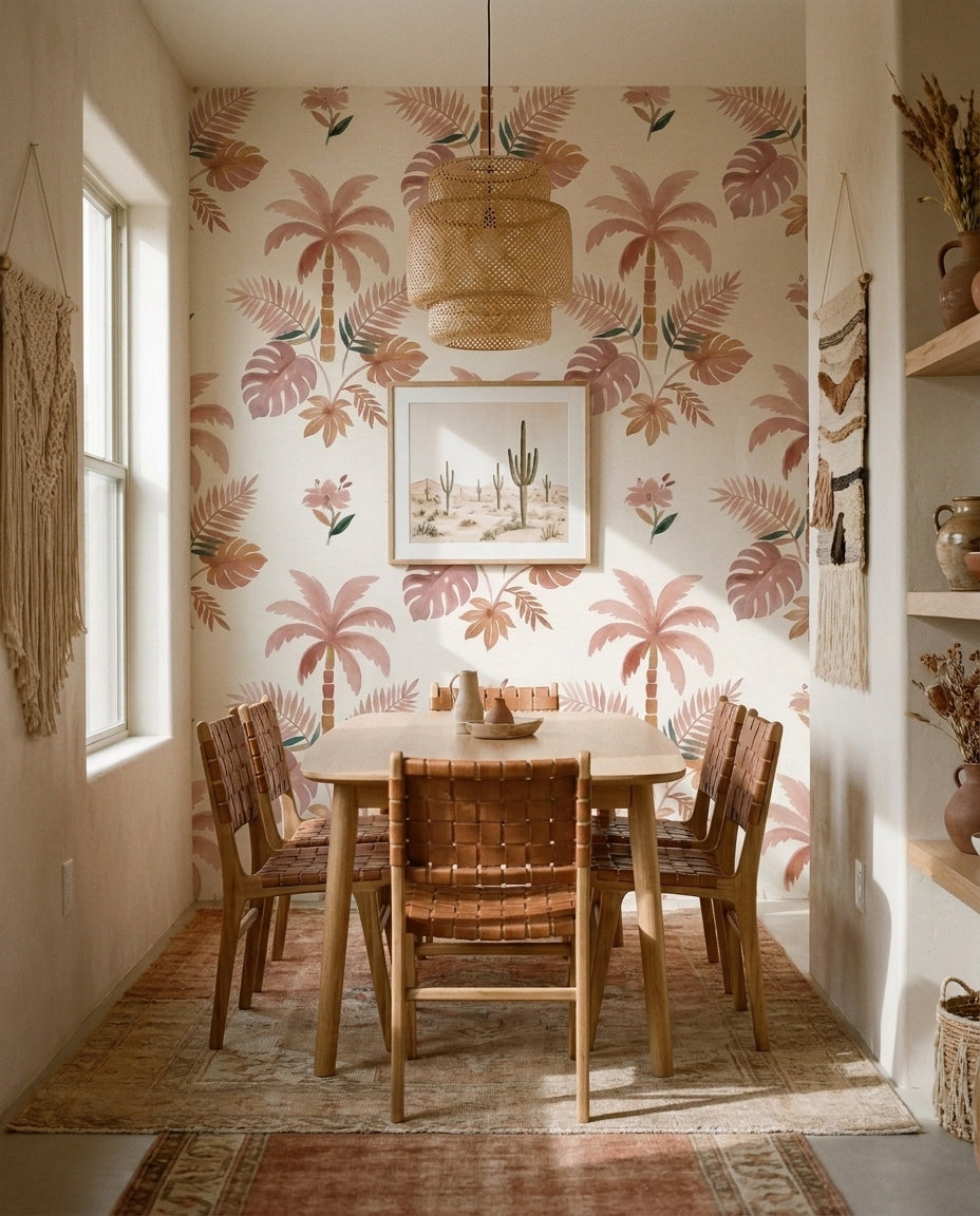 Blush Palm Tropical Mural in an interior