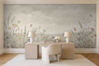 Sage Wildflower Meadow Floral Mural in a home office