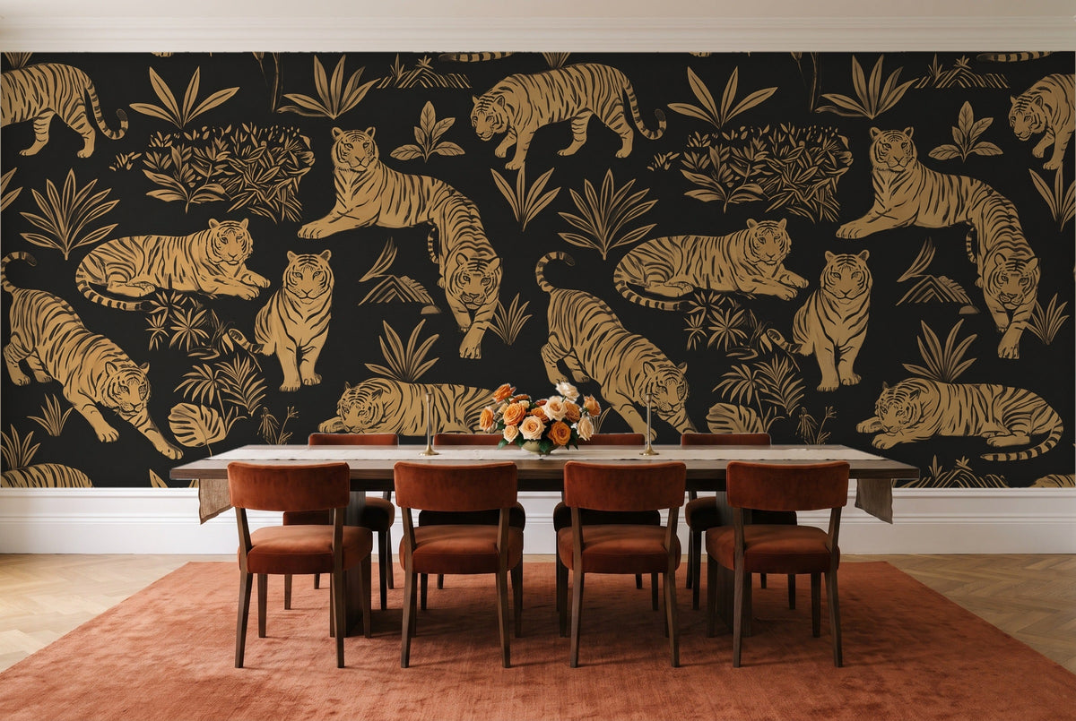 Black And Gold Tiger Animal Mural in a dining room