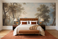 Light Blue Forest Landscape Mural in a bedroom