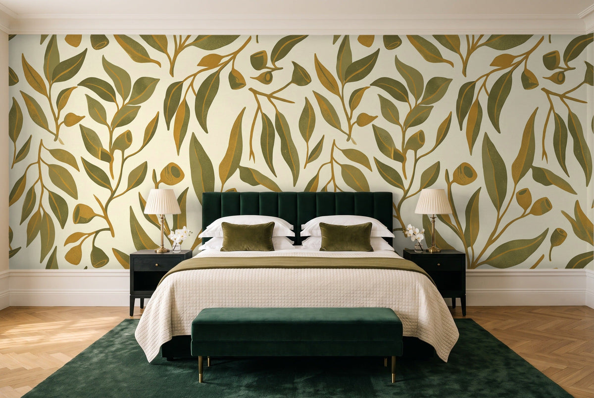 Olive Eucalyptus Botanical Mural in a bedroom