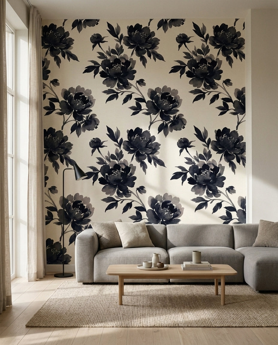 Black Peony Floral Mural in an interior