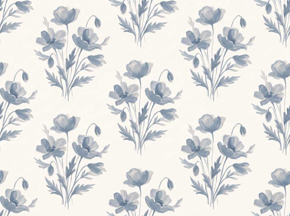 Blue And Grey Poppy Floral Mural design
