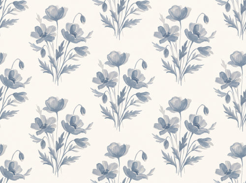 Blue And Grey Poppy Floral Mural sample on the real paper