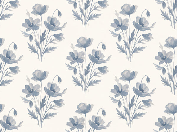 Blue And Grey Poppy Floral Mural, design detail
