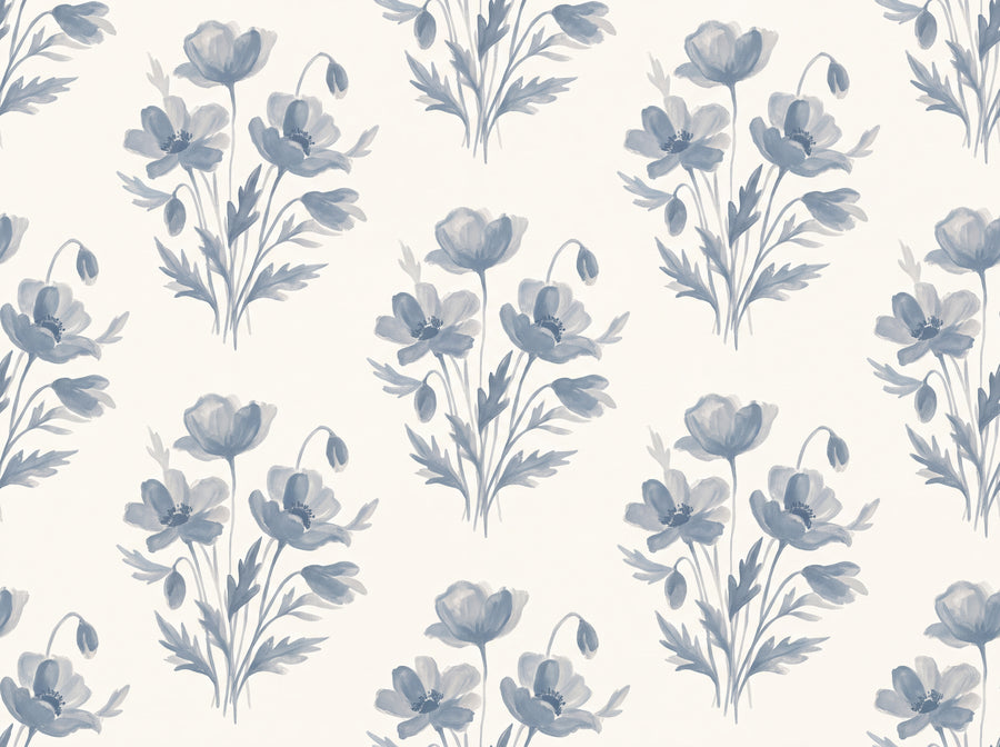 Blue And Grey Poppy Floral Mural